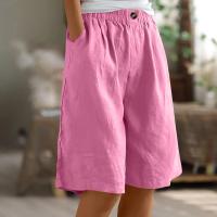 Pantalones Cortos de Lino y Algodón para Mujer Color Sólido, Cintura Suelta, Bolsillo, Botón, Moda Casual - details 1
