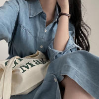 Vestido Denim Retro con Cuello Largo Elegante Estilo Coreano para Mujeres - details 5