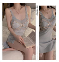 Satén sedoso jacquard encaje sexy puro halter dividido camisón bata conjunto de hogar para mujer - details 13
