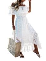 Vestido holgado bohemio de manga corta y hombros descubiertos para mujer, vestidos informales para vacaciones y playa - details 1