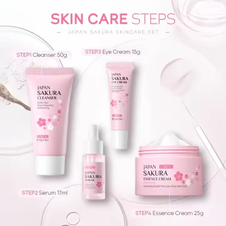 LAIKOU Sakura Kit de Cuidado de la Piel de 4 Piezas Limpiador Facial, Crema para los Ojos, Esencia de Rejuvenección, Aceite Nutritivo Herramientas de Cuidado de la Piel Facial - 1