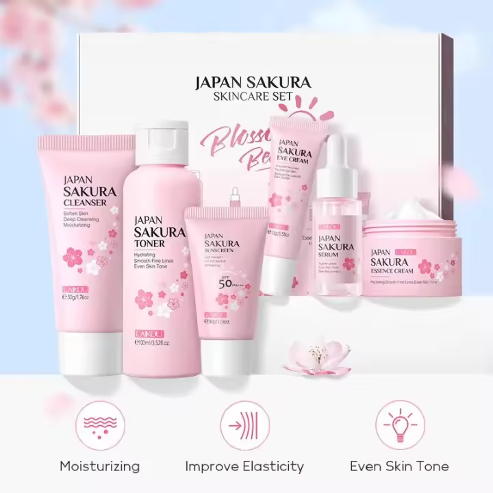 Set de Cuidado de la Piel Sakura de Belleza Kit de 6 Piezas con Limpiador, Toner, Sérum, Crema de Ojos, Esencia Herramientas de Cuidado de la Piel Facial - 1