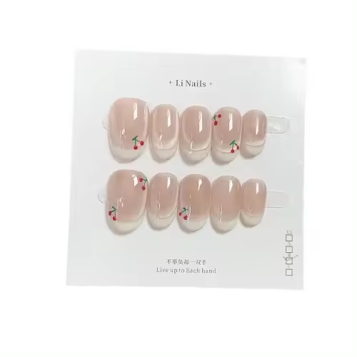 Unas postizas de uñas con diseño de cerezas en tono nude - Facilita un look dulce y elegante - 1