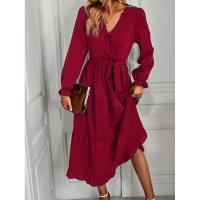 Vestido elegante de color sólido con cuello en V para mujer de manga larga - details 9