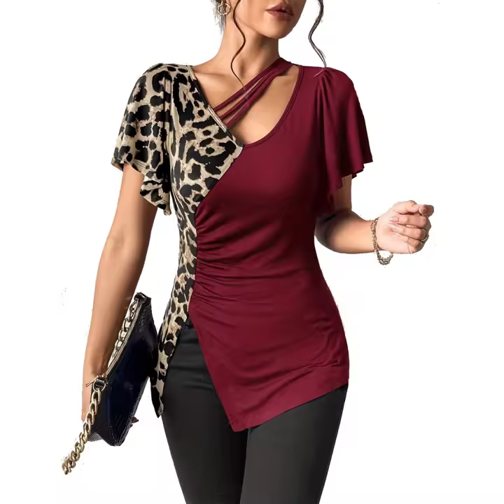 Nuevo estampado de leopardo irregular manga corta Camiseta cuello mariposa manga patchwork top mujer - 1