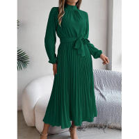 Elegante vestido corto de otoño invierno para mujer, con cuello alto, mangas plisadas y falda larga. - details 13