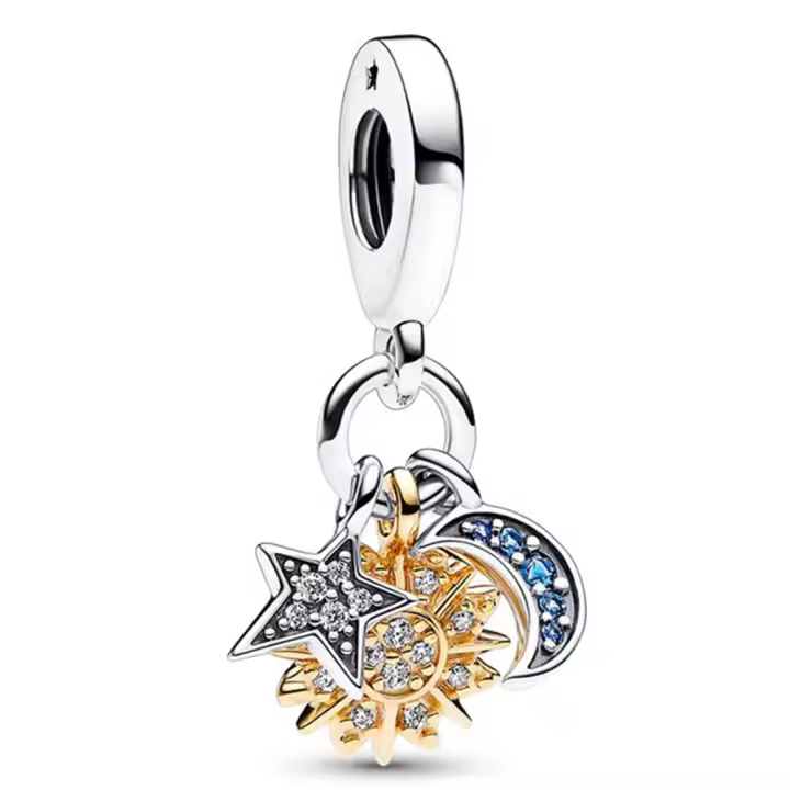 Colgante de Pulsera de Plata Esterlina 925 Doble Tono Sol y Luna Joyería de Cuentas para Damas - 1