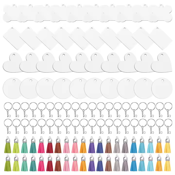 160 productos en blanco de sublimación, llavero de sublimación en blanco, juego a granel con transferencia de calor, llavero con borla en blanco, anillos de salto - 1