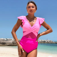 New Clashing One-piece Swimming Costume Small Fly Sleeve Bikini Women Quick Dry Sports Deep V Cross Hollow One-piece Swimsuit - details 3