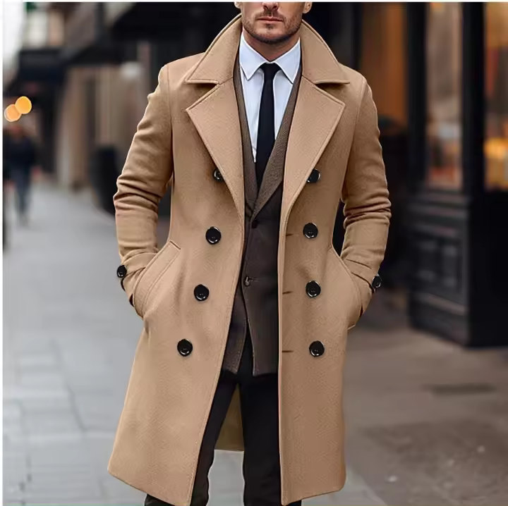 Chaqueta de lana para hombre, Abrigo largo de lana para hombre con doble botella - 1