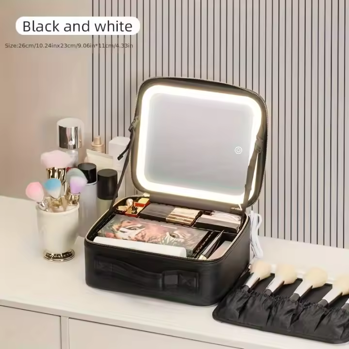 Estuche de maquillaje portátil elegante con espejo LED, organizador de PU ajustable, sin forro y apto para viajes - 1