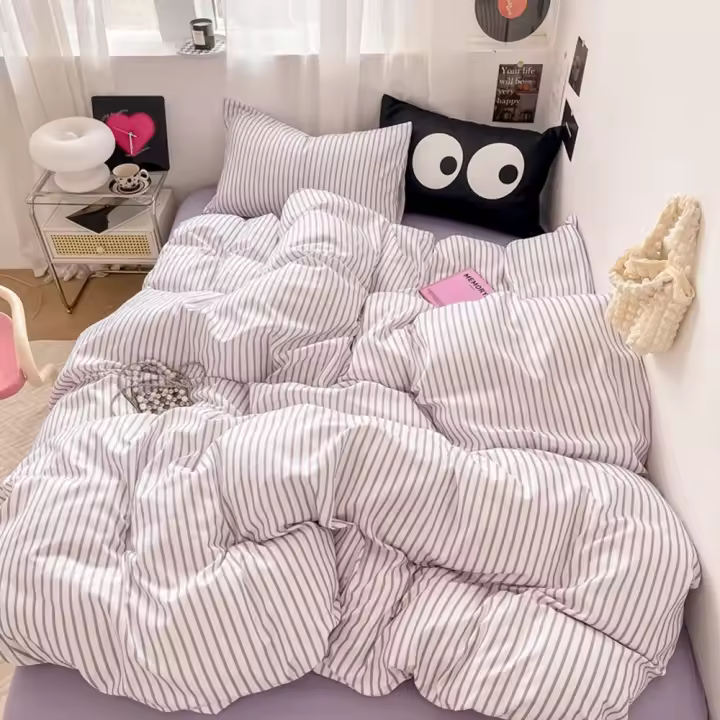 Seta de Cama de Talla Grande con Estampado a Rayas en Colores 3/4 Piezas para Adultos Single Double Queen Set 200x230cm - 1