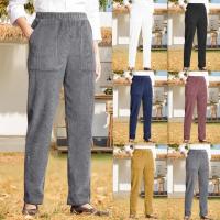 Nuevos pantalones casuales de pierna recta de pana con cintura elástica de Color sólido para mujer - details 1