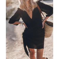 Vestido de lino y algodón de una pieza para mujer, Vestido corto con cuello en V, liso, con cordones, color negro, 2024 - details 9