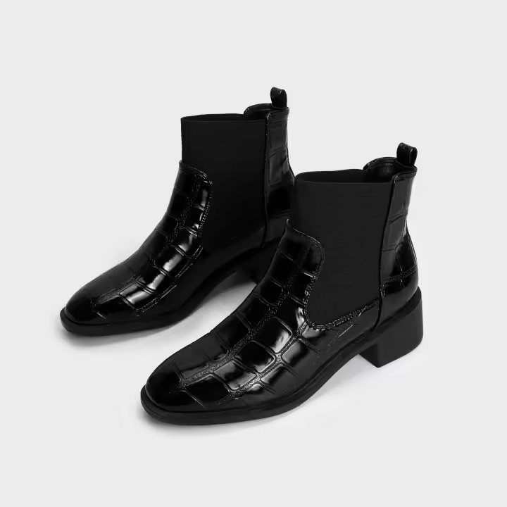 Botas de tacón medio elásticas de piel de cocodrilo charol con tacón grueso para mujer - 1