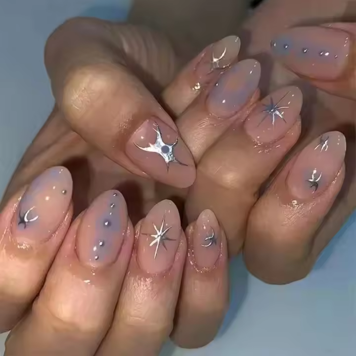 Juego de uñas de almendra Y2K, color negro fresco, con pegamento, lazo plateado, 24 UDS - 1