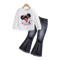 Traje de niña, top de manga de burbuja de cuello redondo para niña, conjunto de dos piezas de pantalón de cuerno de mezclilla de imitación - details 1
