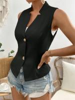 Suéter sin mangas de verano de Color sólido para mujer, chaleco, abrigo, temperamento superior de moda para ir al trabajo, chaleco cansado con botones y V - details 17