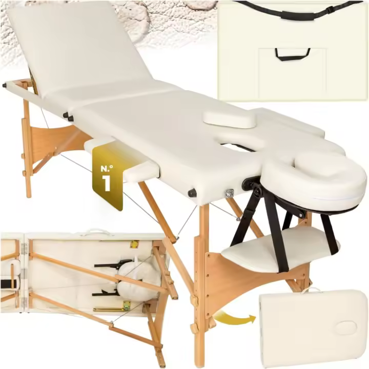 Camilla Masaje Plegable de Aluminio, Camilla Profesional para Fisioterapia, Camilla Estética Profesional, Quiromasaje, Tatuajes, Reiki, Altura Ajustable, 3 Zonas, con Bolsa Transporte - Beige - 1