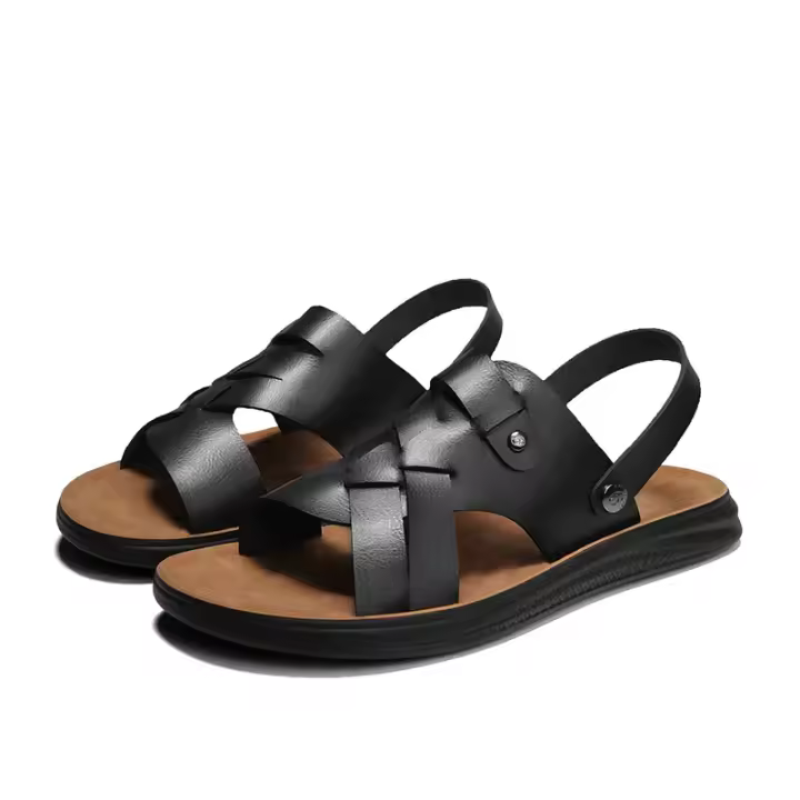 Sandalias planas de cuero para hombre con correa ajustable de doble propósito, cómodas sandalias de playa antideslizantes con punta abierta - 1