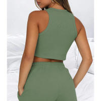 Conjunto de dos piezas de verano para mujer, chaleco sin mangas de color sólido con textura gofre y pantalones cortos casuales de moda. - details 5