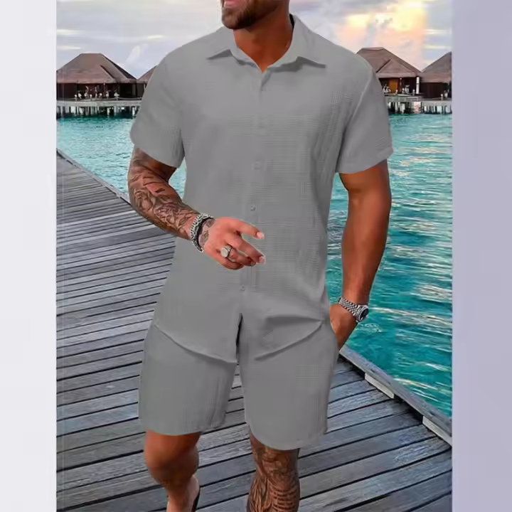 2025 verano jacquard traje de manga corta hombres vacaciones estilo casual camisa pantalones cortos conjunto de dos piezas - 1