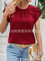 Moda mujer Primavera Verano nueva pétalo redondo elegante rt manga Top - details 3