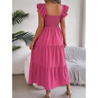Elegante vestido largo de verano para mujer en color liso con escote cuadrado y aros decorativos, sin mangas, corte ajustado. - details 4