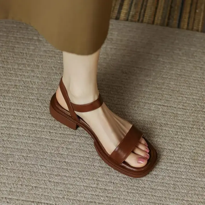 Sandalias de Mujer de Cuero Genuino Básico de Tacón Bajo Moda de Verano 2025 - 1