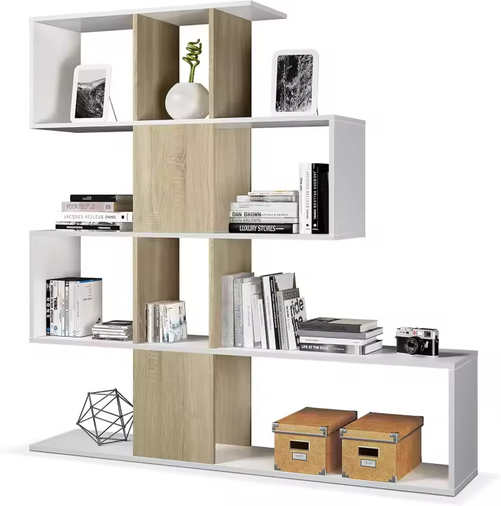 Estantería Zig-Zag Acabado Blanco Artik y Roble Canadian Ideal para Salón, Comedor o Despacho - 1