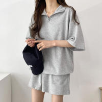 Traje deportivo de mujer con cremallera de color sólido, verano 2025, nuevo, holgado, delgado, top y pantalones cortos casuales de dos piezas. - details 26