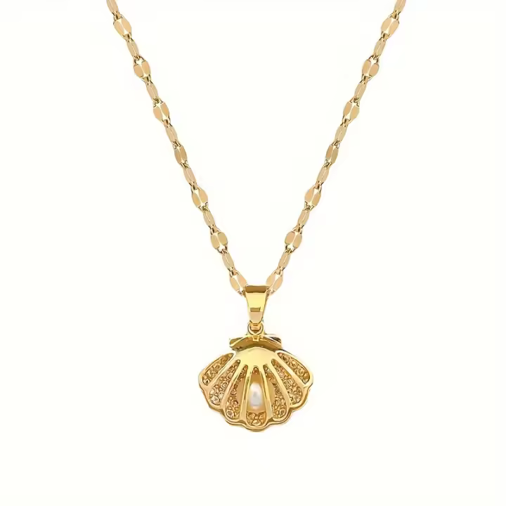 Elegante Collar de Concha Dorada y Perla Falsa, Regalo Elegante de Graduación, Símbolo de Gracia y Logro - 1