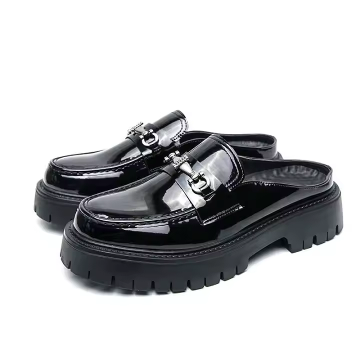 Nuevas zapatillas deslizantes de plataforma con brillo medio negro para hombre de moda, zapatos de diseñador informales, sandalias - 1