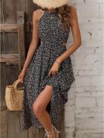 Vestido sin mangas con cintura hueca, estampado floral, elegante, cuello semialto - details 12