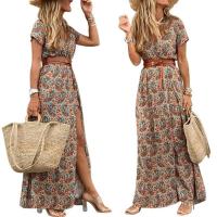 Vestido bohemio de verano para mujer, talla grande con abertura, traje elegante, manga corta, cinturón en la cintura, 2025 - details 12