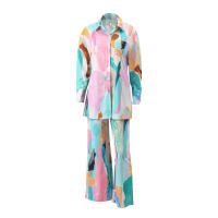 Conjunto de camisa y pantalones con estampado informal para mujer, Top holgado con cuello vuelto y botella única - details 4