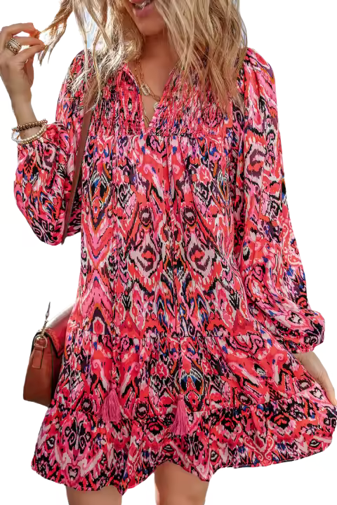 Elrachen Mini vestido con volantes y cuello atado con borlas y estampado abstracto de rosas para mujer, rosa, tallas S-XL - 1