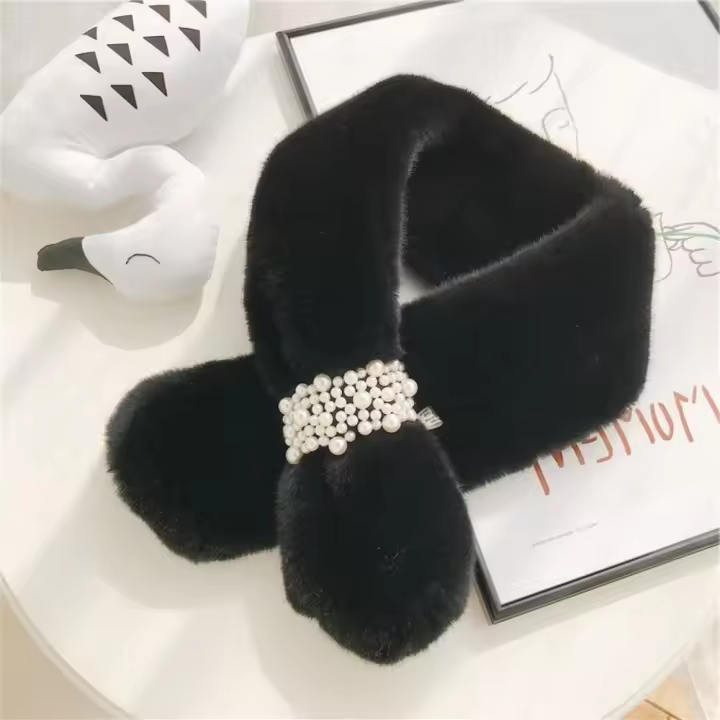 Bufanda de cuello cruzado de perlas gruesas para mujer, bufanda cálida de invierno, chal elegante, bufanda de felpa de piel de conejo de imitación de Color sólido - 1