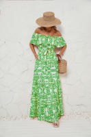 Vestido de temperamento con borde de volantes estampado con cuello de una línea de verano para mujer - details 1