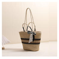 Bolso de paja de un solo hombro a rayas, bolso tejido a mano para mujeres, bolso de playa para vacaciones - details 2