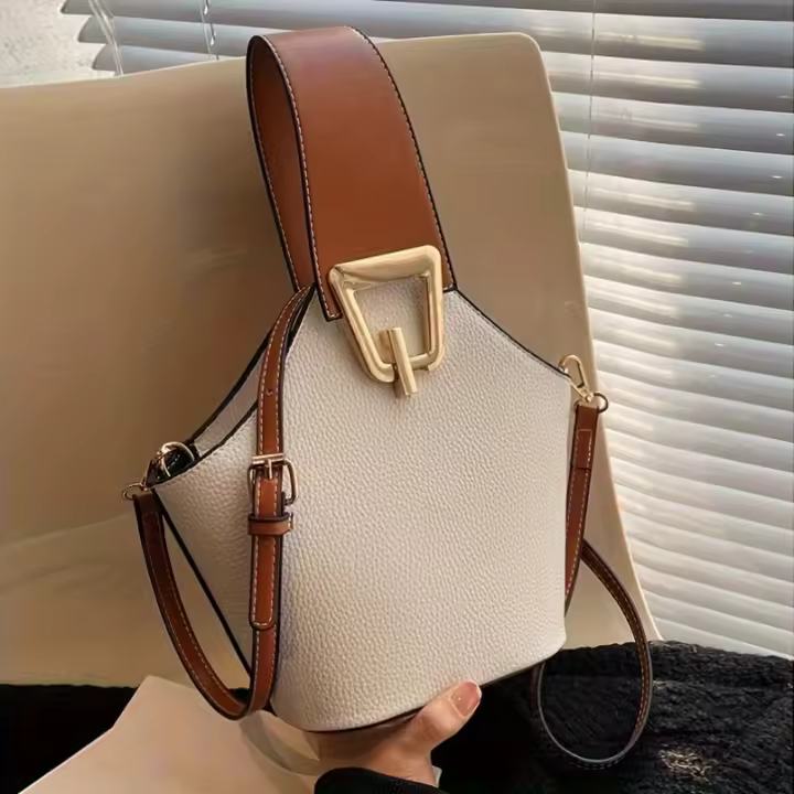 1 bolso tipo cubo francés elegante para mujer, correa de hombro ajustable, bolso de gran capacidad, blanco con cierre metálico, versátil - 1