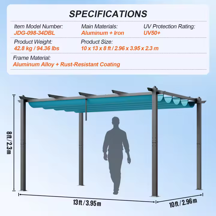 SucceBuy Pérgola retráctil para exteriores de 10'x13' con dosel, estructura de aluminio, parasol moderno para patios, jardines, terrazas y patios traseros - Gris - 1