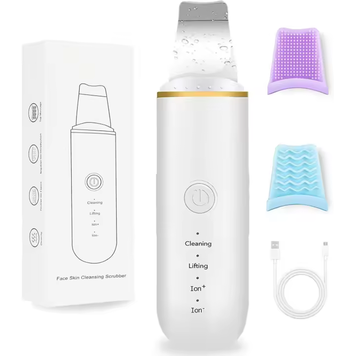 Limpiador de piel facial incluye 2 fundas de silicona, un cable de carga, raspador ultrasónico de piel, raspador removedor de puntos negros faciales con cuatro modos para limpieza profunda, limpiador de poros portátil y recargable - 1