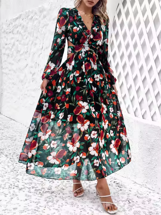 Vestido Elegante de Verano 2024 Manga Larga, Cuello en V, Espalda Hueca, Estilo Vintage para Mujeres Perfecto para Fiestas de Playa - 1