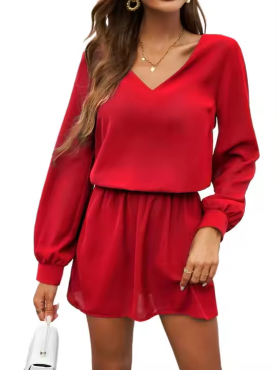 Vestido de manga larga para mujer, elegante color sólido, de moda, suelto, informal, barato - 1
