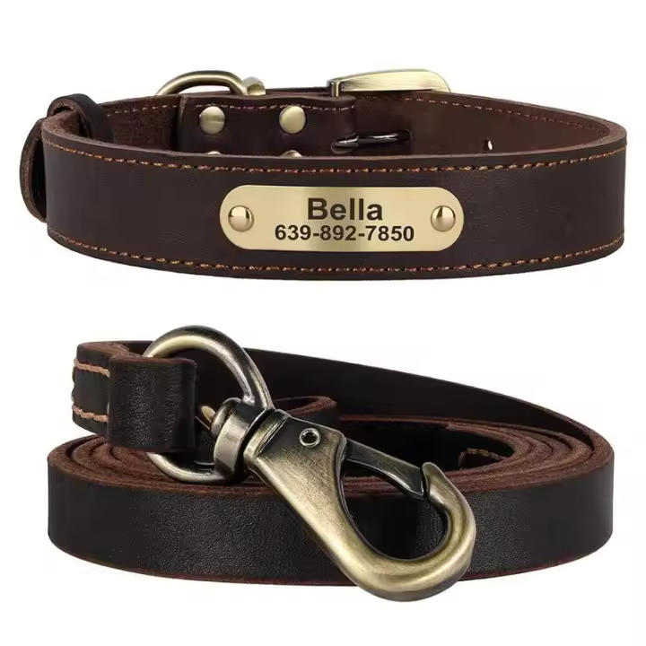 perro cuero auténtico, conjunto de Collar personalizado mascotas correa, placa con grabado gratis para perros pequeños, medianos - 1