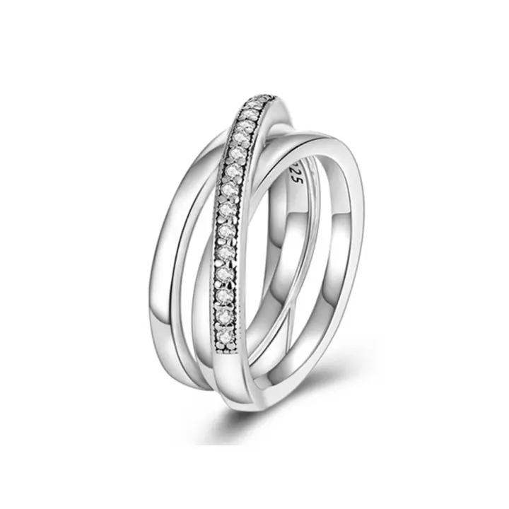 Anillo de Plata de Ley 925 con Líneas Brillantes Diseño de Estrella, Luna, Flor para Mujer - 1