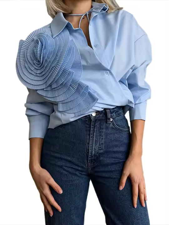 Tops con botones de estilo coreano para mujer, camisa de manga larga para blusa floral tridimensional - 1