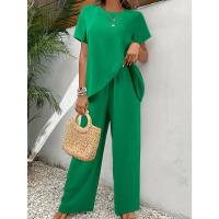 Moda Informal para Mujer 2025 Vestido Corto Liso con Cuello Redondo, Manga Corta, Top Irregular, Pantalones Cortos de Cintura Elástica Conjunto de Dos Piezas - details 5
