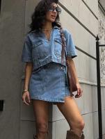 Ropa de trabajo Traje de mezclilla Falda Pantalones Top de manga corta Verano Mujer Chica caliente Cintura alta Irregular - details 9